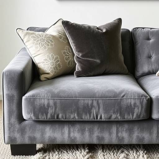 A luxurious, plush gray sofa with multiple cushions