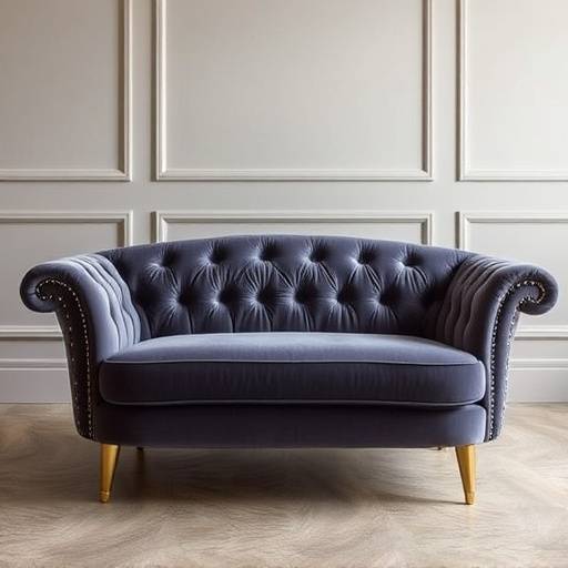 Custom-designed velvet sofa with tufted back and brass legs